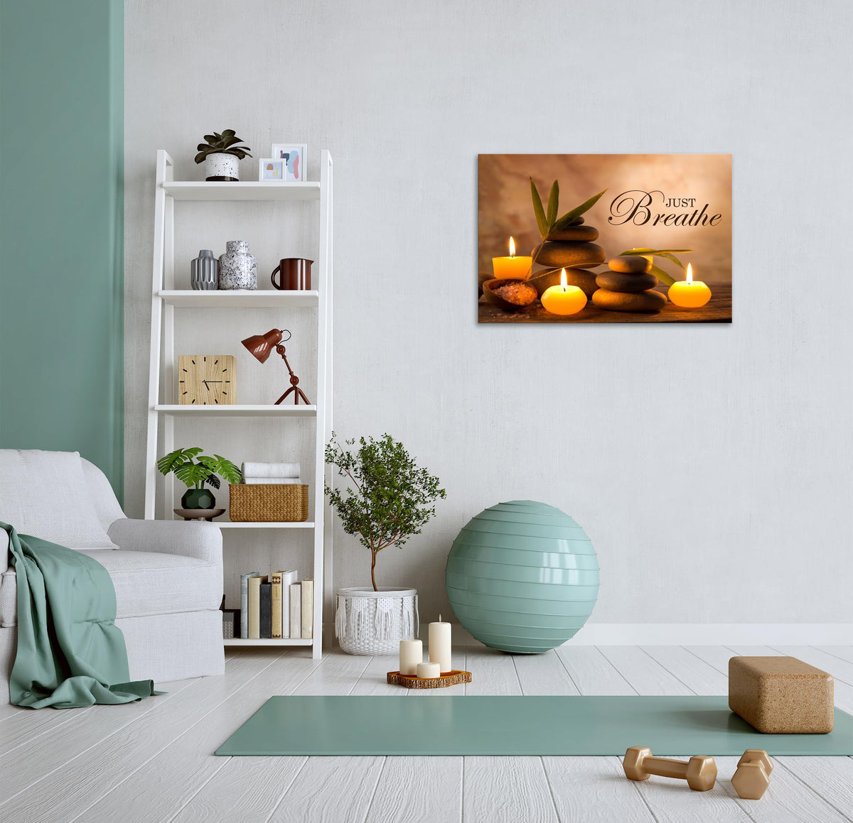 Zen Wall Decor Just Breathe Motivational Bathroom Wall Art Yoga Room Poster for Women Spa Picture Painting Spiritual Artwork Framed for Living Room Ready to Hang (28"L x 44"W / Zen 03)