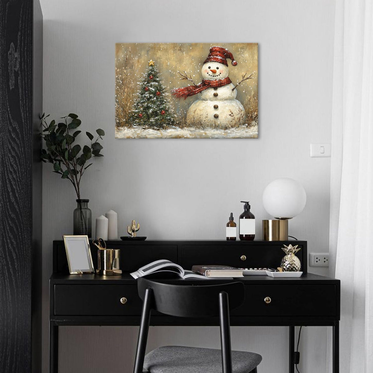 Christmas Snowman Wall Art Farmhouse Winter Snow Scene Holiday Prints Artwork for Bedroom Living Room Vintage Christmas Decor Green Pine Tree Picture Bathroom Fireplace Xmas Home Decoration 16x24" (24"L x 16"W / Snowman Tree)
