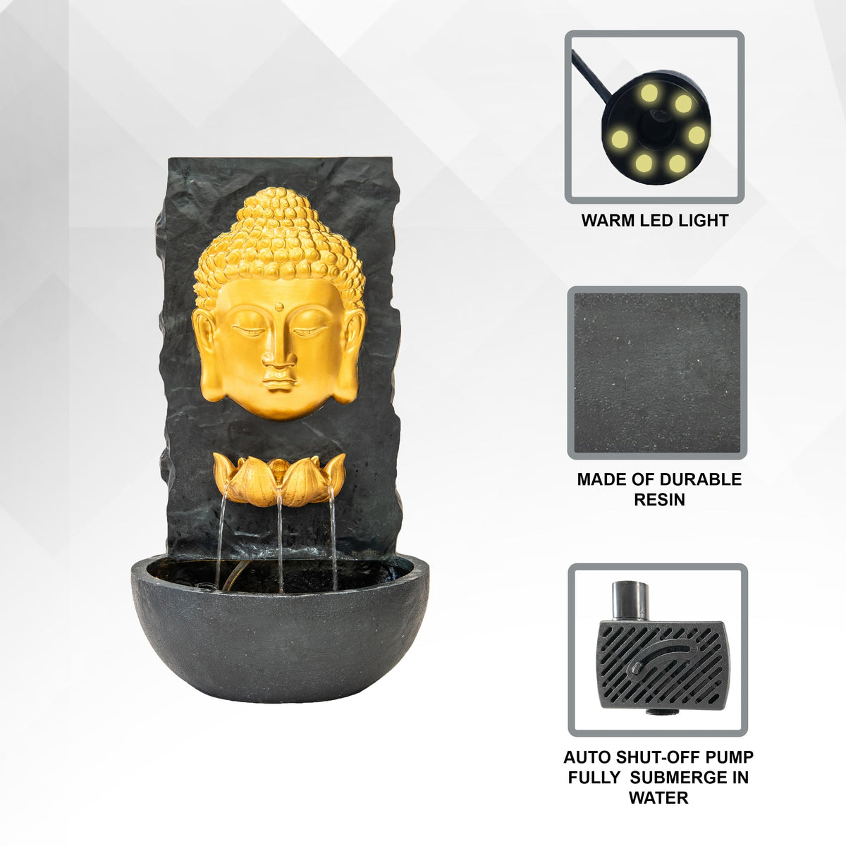 30" H Fiber Resin Wall Buddha Zen Outdoor Garden Water Fountain with Warm LED Light (Gold)
