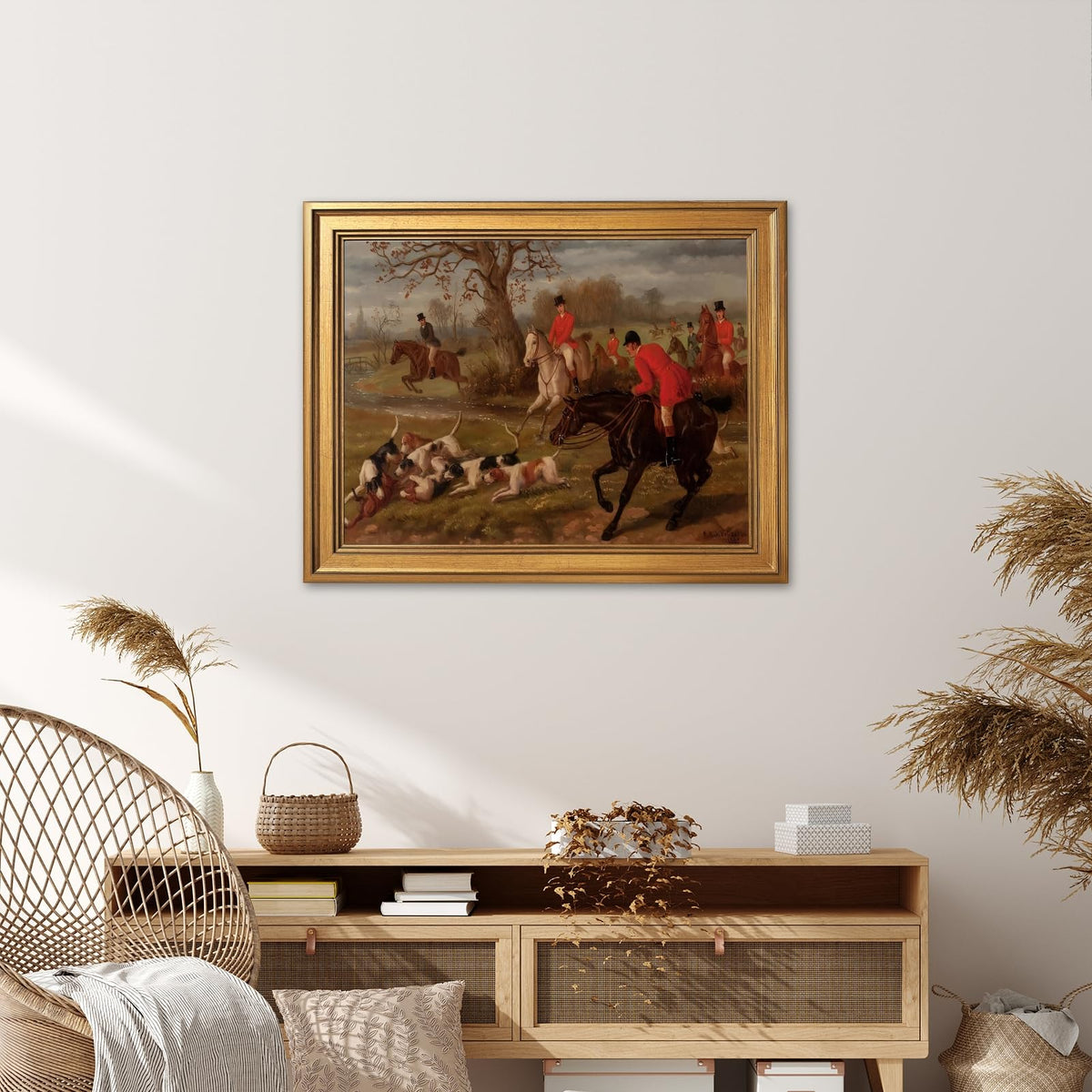 Gold Framed Vintage Equestrian Fox Hunting Wall Art Classic 19th Century Sports Oil Painting Reproduction Posters Antique Horseback Scene Pictures Rustic Country Canvas Prints Home Decor 16x24inch (16"L x 24"W / Hunting)