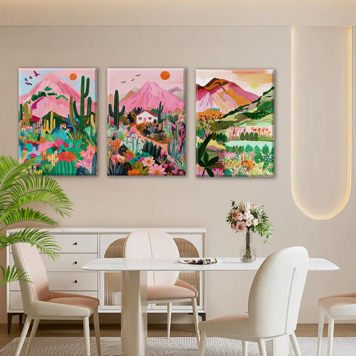 3Pcs Abstract Landscape Wall Art with Vibrant Colors (Pink cactus / 12X16inch)