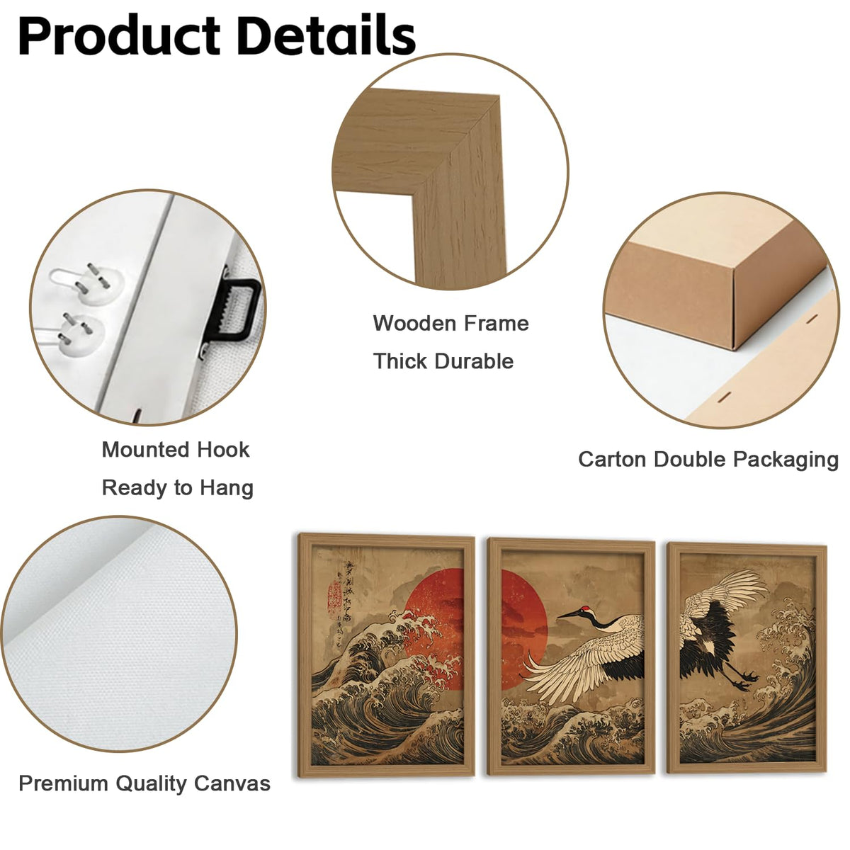 Framed 3Pcs Japanese Style Canvas Wall Art Crane Red Sun Wave Decor (white wild goose / 16"L x 12"W)