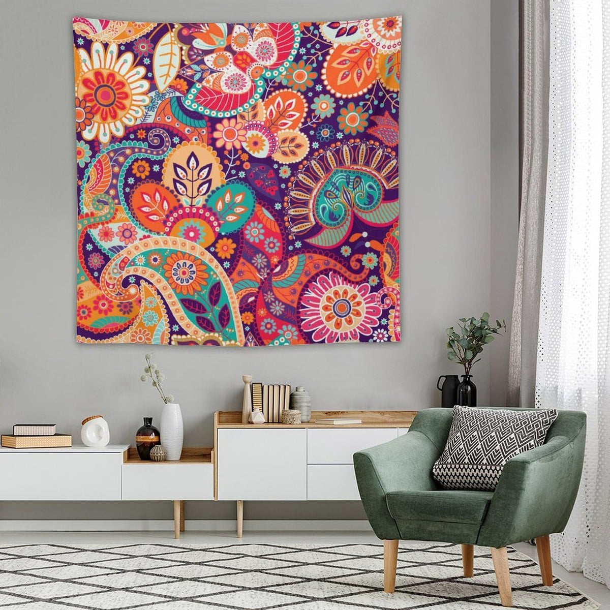 Boho Paisley Floral Tapestry Wall Hanging Mandala Indian Bohemian Colorful Flowers Tapestries Home Decor for Living Room Bedroom Apartment Farmhouse Dorm 60"x60" (60"L x 60"W / Mandala-36)
