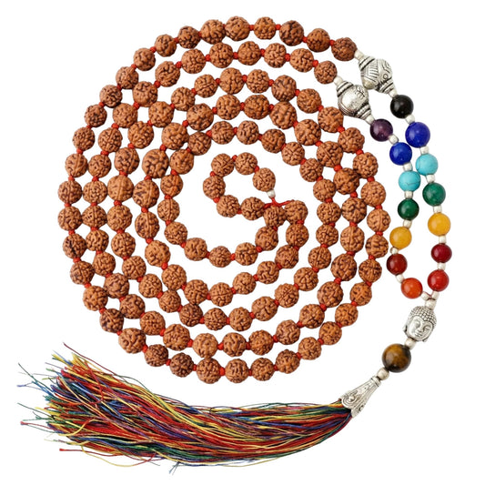 108 Beads Rudraksha Mala With 7 Chakra Healing Crystal Gemstones (108 Beads / Healing Stones Mix)