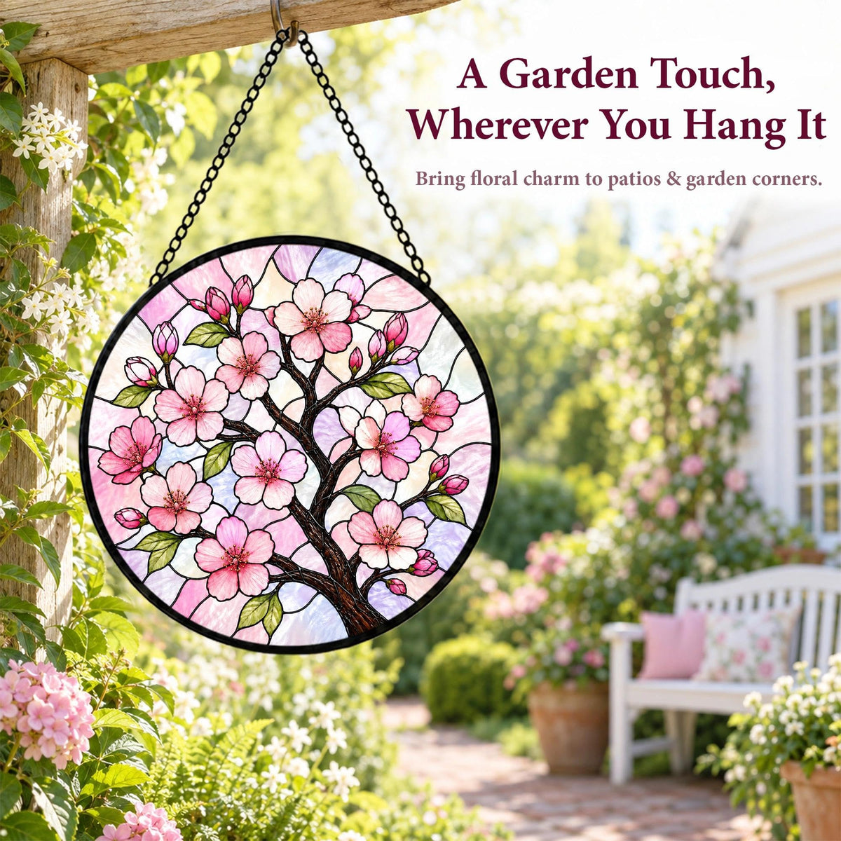 Cherry Blossoms Gifts for Women Stained Glass Window Hanging Suncatcher 9.8 (Cherry Blossoms / 9.8 x 9.8 IN)