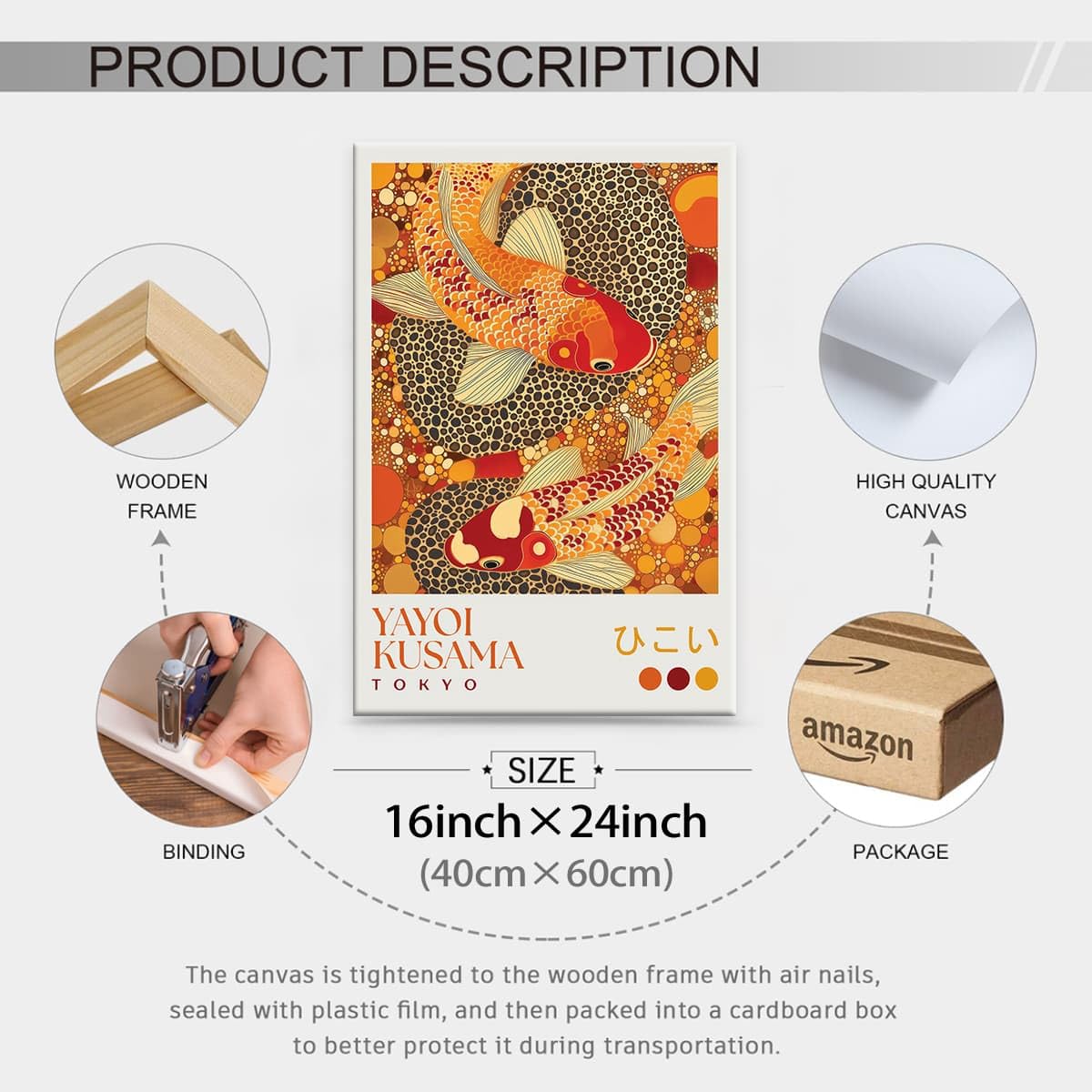 Yayoi. Kusama Framed Wall Art 16x24 inch Japanese Home Decor Vintage Koi Fish Posters Dot Picture Prints Colorful Fish Painting for Asian Bedroom Bathroom Living Room Hallway (Wrapped Canvas / Japanese Art 010 / 24"L x 16"W)