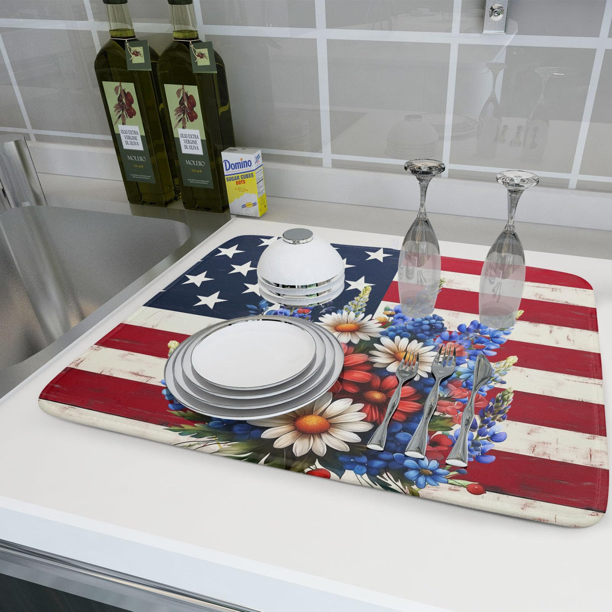 4th of July Patriotic Flower Dish Drying Mat for Kitchen Counter (Patriotic Flower / 18" x 24")