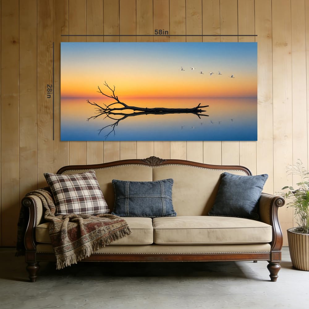 Minimalist Bare Tree Canvas Wall Art Zen Lake Reflection Landscape Painting Flat Print Gallery Wrapped Moody Artwork for Living Room Bedroom Bathroom Decor (Mysterious / Black Dead Tree Branch 18 / 46"L x 23"W)