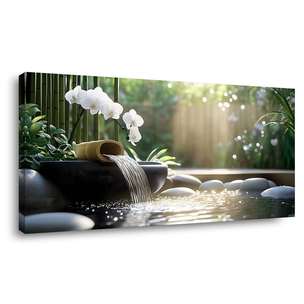 Zen Garden Canvas Wall Art Bamboo Water Fountain White Orchid Painting Flat Print Gallery Wrapped Relaxing Artwork for Living Room Bedroom Bathroom Decor (Mysterious / Black Orchid Waterfall 31 / 46"L x 23"W)