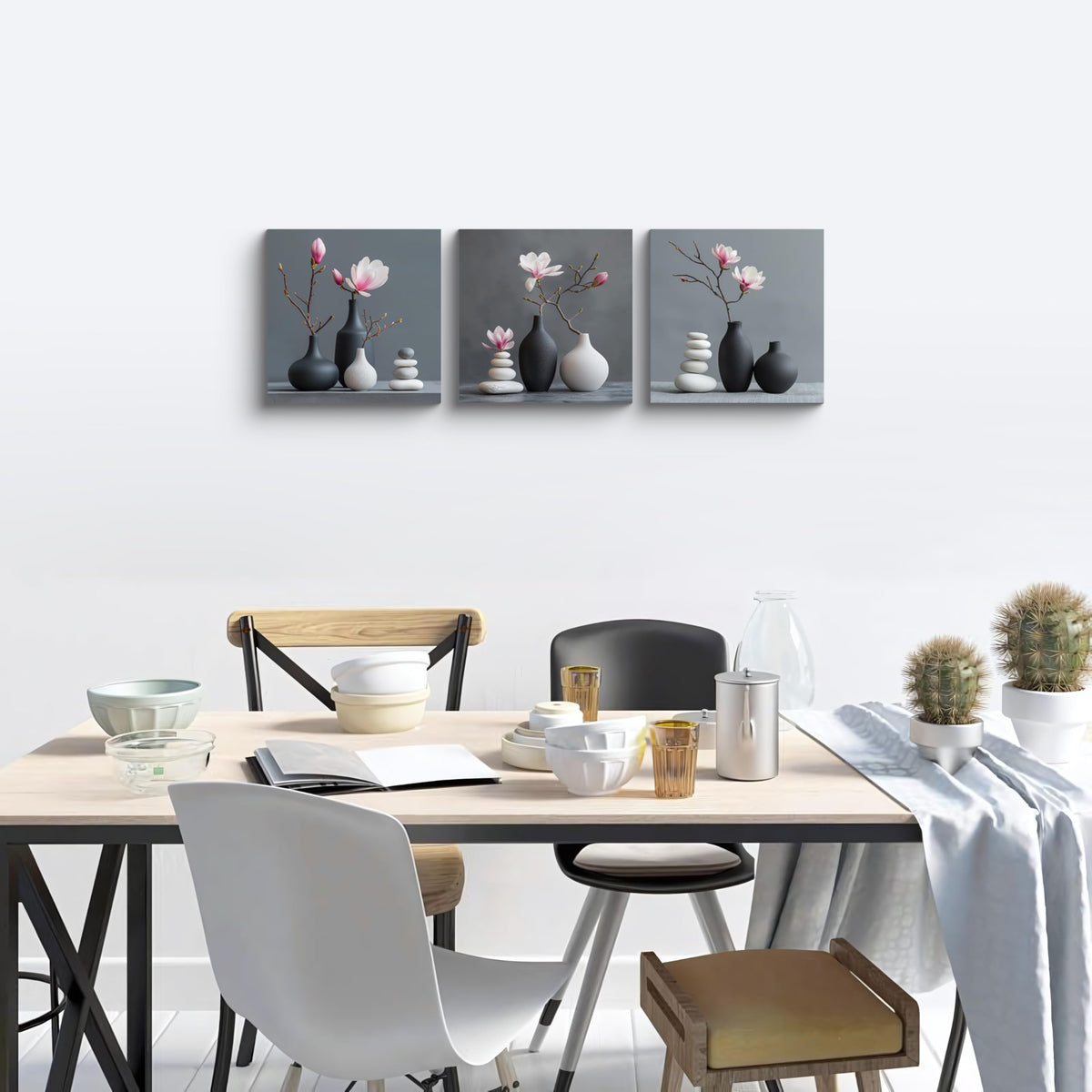3Pcs Minimalist Zen Magnolia Still Life Canvas Wall Art Print Pink White Magnolia Flowers in Dark Gray Vases Zen Stone for Bedroom Living Room Bathroom Mindfulness Spa Artwork Decor (Zen Magnolia / 14x14inchx3)