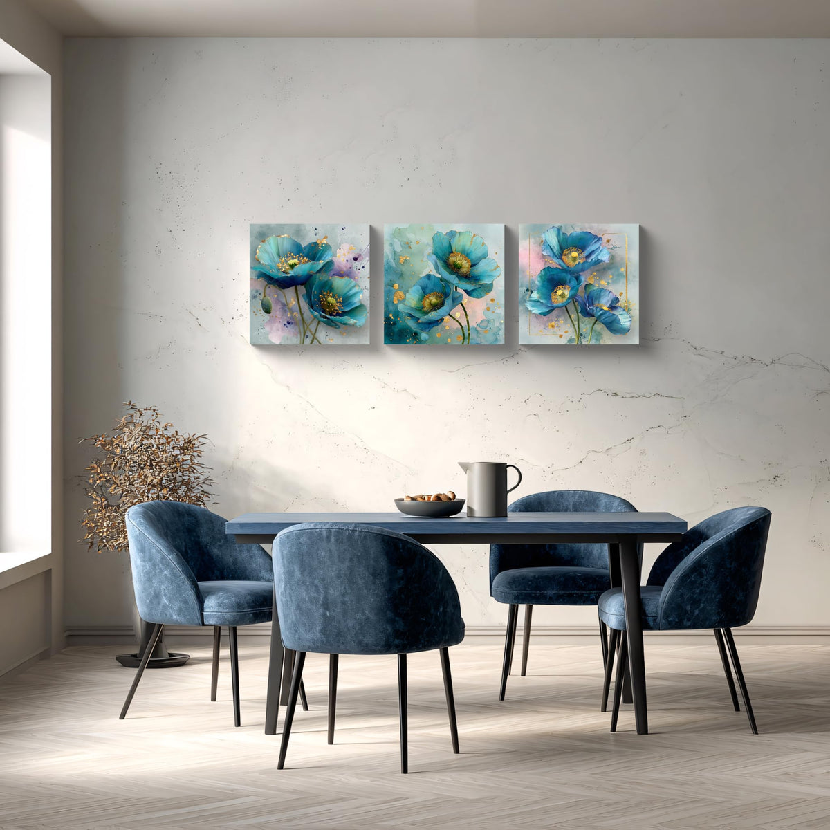 3Pcs Blue Teal Poppy Flower Wall Art Canvas Print with Gold Accents Modern Botanical Floral Contemporary Watercolor Style Elegant Flower Artwork for Living Room Bedroom Home Office Wall Decor (16 x 16 inches (3-Piece Set) / Blue Poppy)