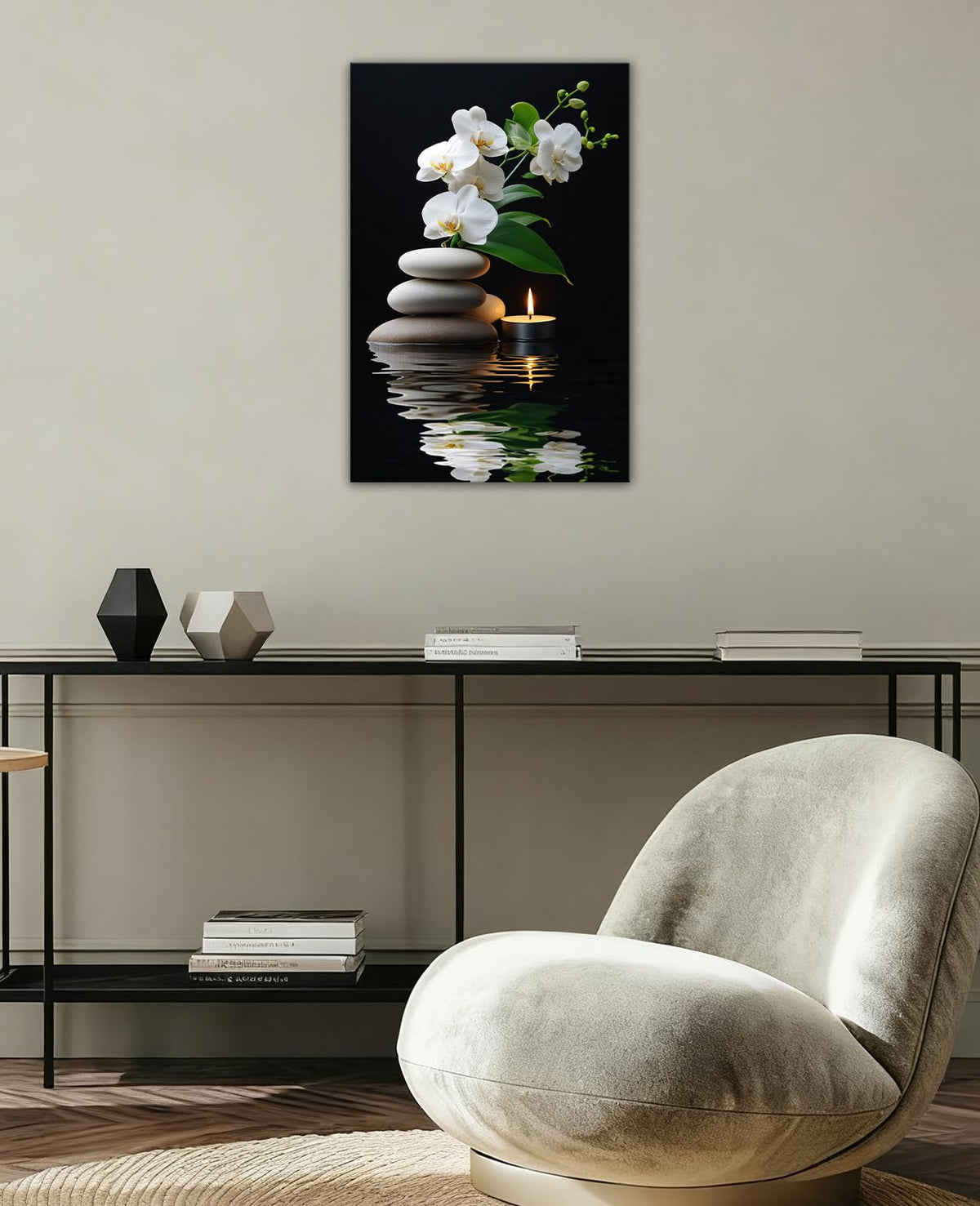 Zen Canvas Wall Art White Orchid Floral Spa Stones Candle in Water Picture Prints Zen Still Life Painting for Yoga Spa Meditation Spiritual Room Bathroom Wall Decor (Artwork-1 / 20"L x 16"W)
