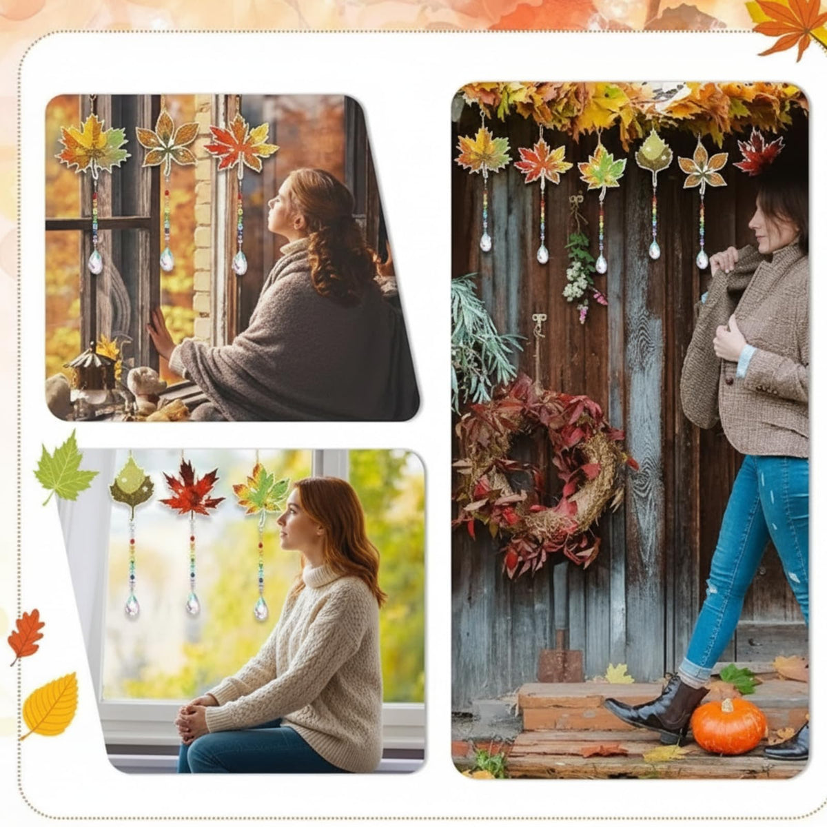 6 Pcs Fall Diamond Art Keychain Kits for Adults Diamond Painting Wind Chime (Maple Leaves)