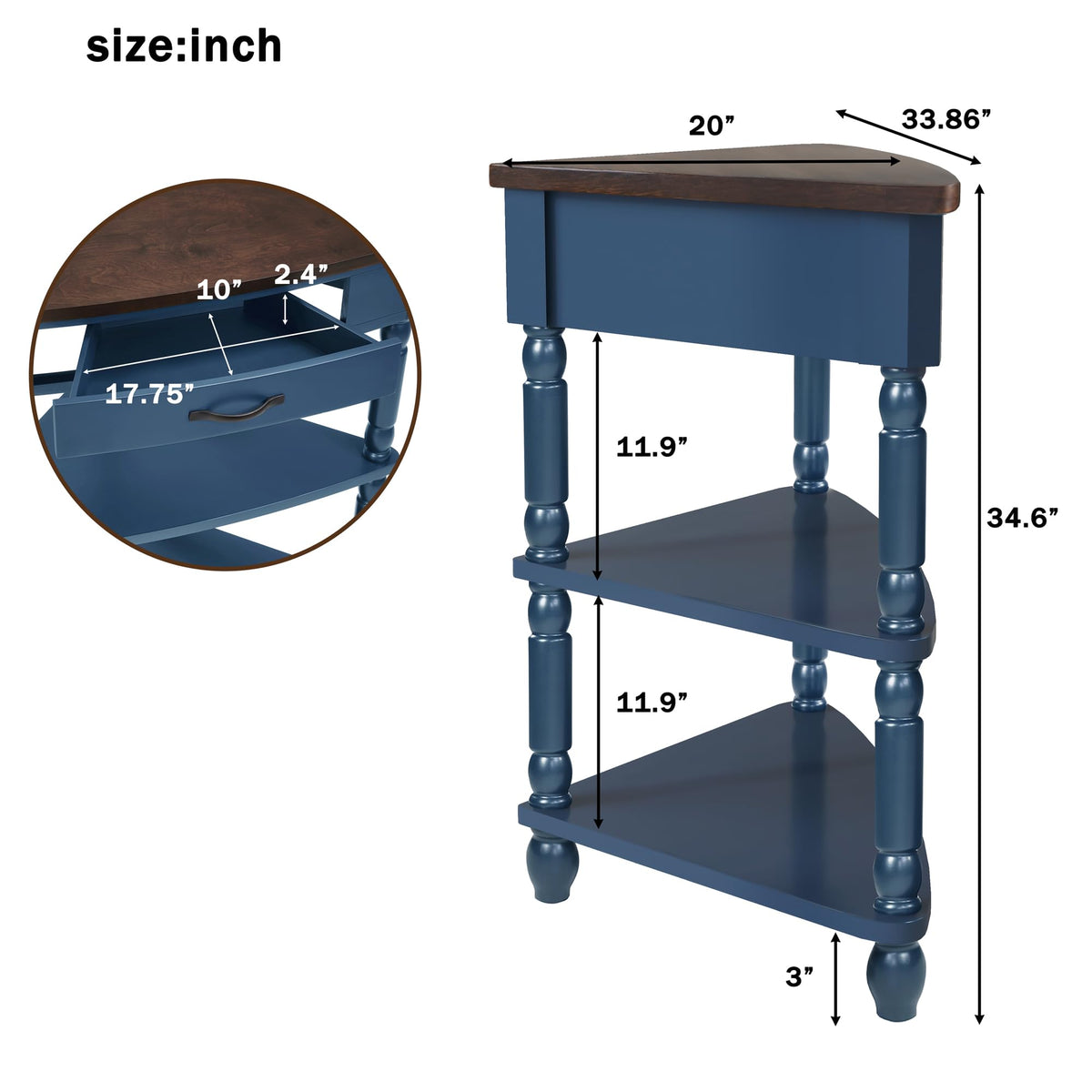 Small Triangle Corner Table Wood Corner Side Tables with Drawer & 2 Open Shelves 3 Tier End Corner Table with Solid Wood Legs for Small Spaces Living Room (33.86"L x 20"W x 34.57"H / Navy Blue)