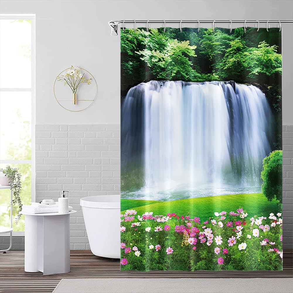 Spring Scenery Shower Curtain Set Decor Forest View Magnificent Waterfall Landscape Natural Scecery Green Leaves Grass Pink Floral Bath Curtain for Bathroom Decor with Hooks (72"W x 84"L (Pack of 1) / Green03)