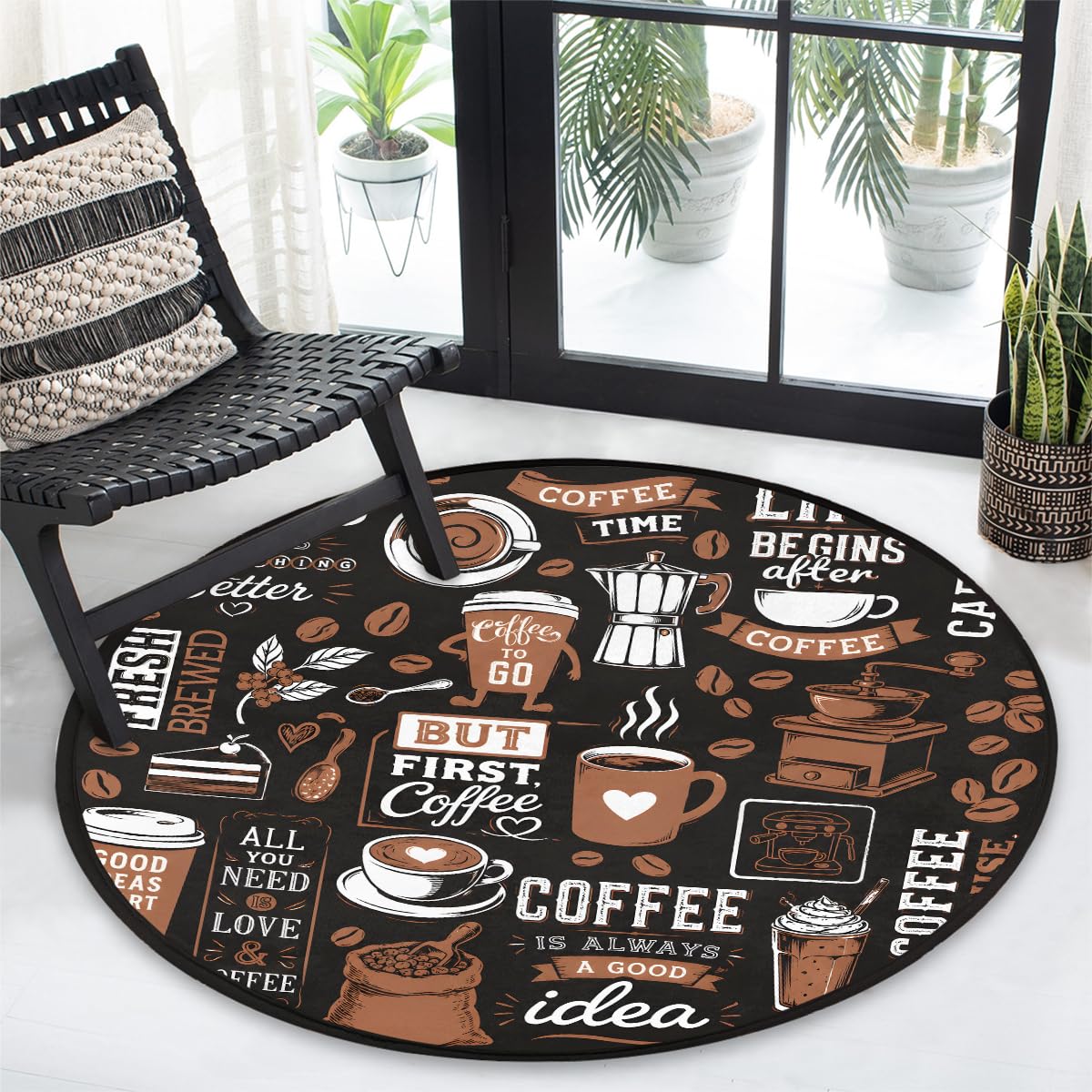 5 Ft Coffee Start Round Rug Circle Area Rugs Circular Door Mat for Indoor (A:a-4 / 5'5" (Round))