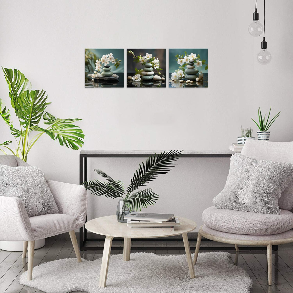 3 Panels Bathroom Wall Art Zen Art Zen Artwork Spa Pictures Wall Decor Still Life Spa Stone with White Flowers Pictures Print on Canvas for Home Decor Stretched and Framed 20x20inchx3 (20x20inchx3 / Spa Stone with White Flower 2)