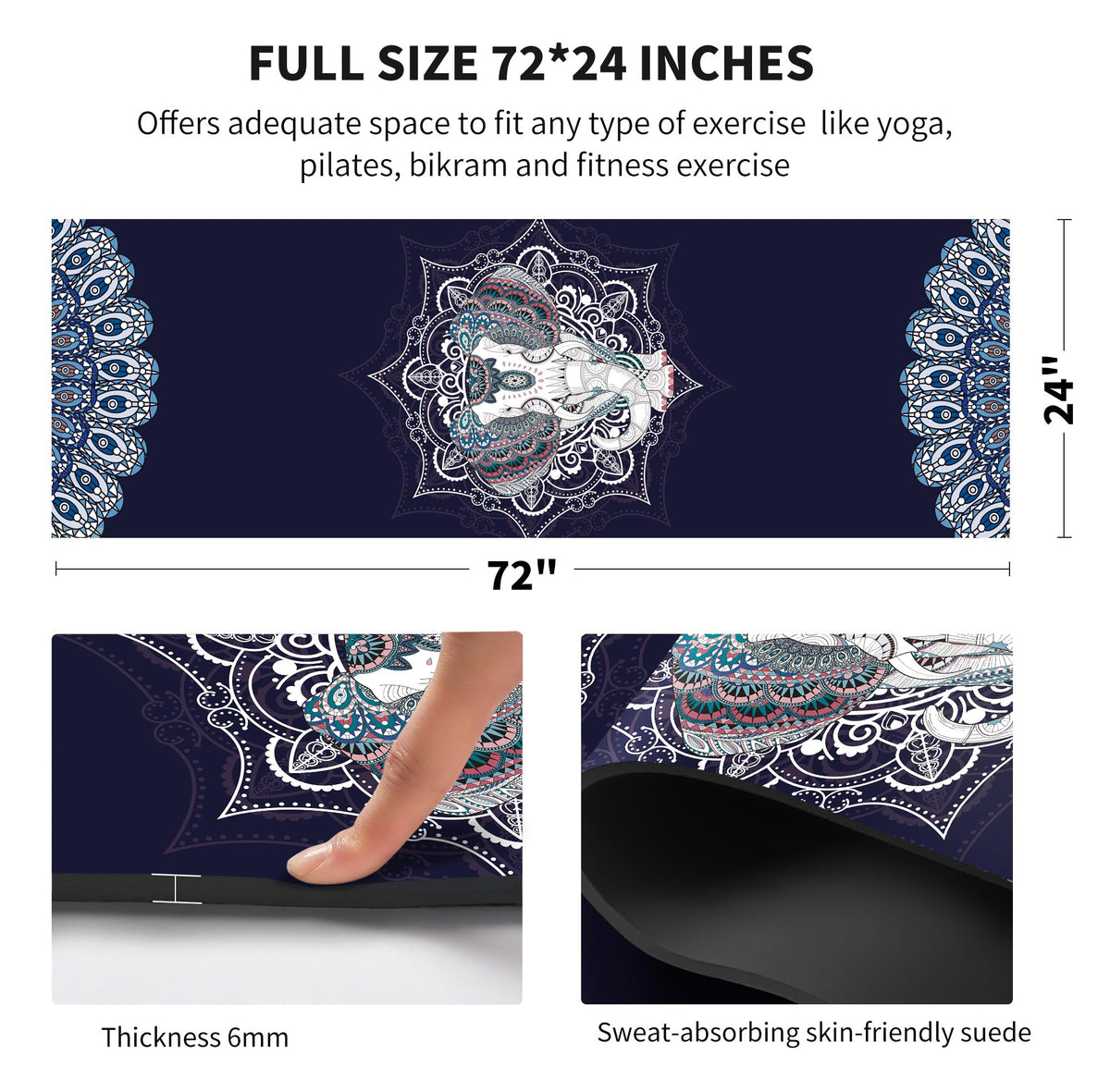 Yoga Mat Print Extra Thick TPE Non Slip Fitness Exercise Mat with Carrying Bag (Elephant)
