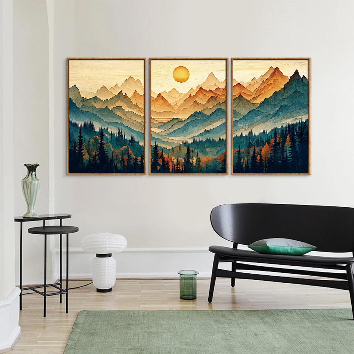 Large Mountain Framed Canvas Wall Art Set of 3 (Boho Mountains / 36"L x 24"W)
