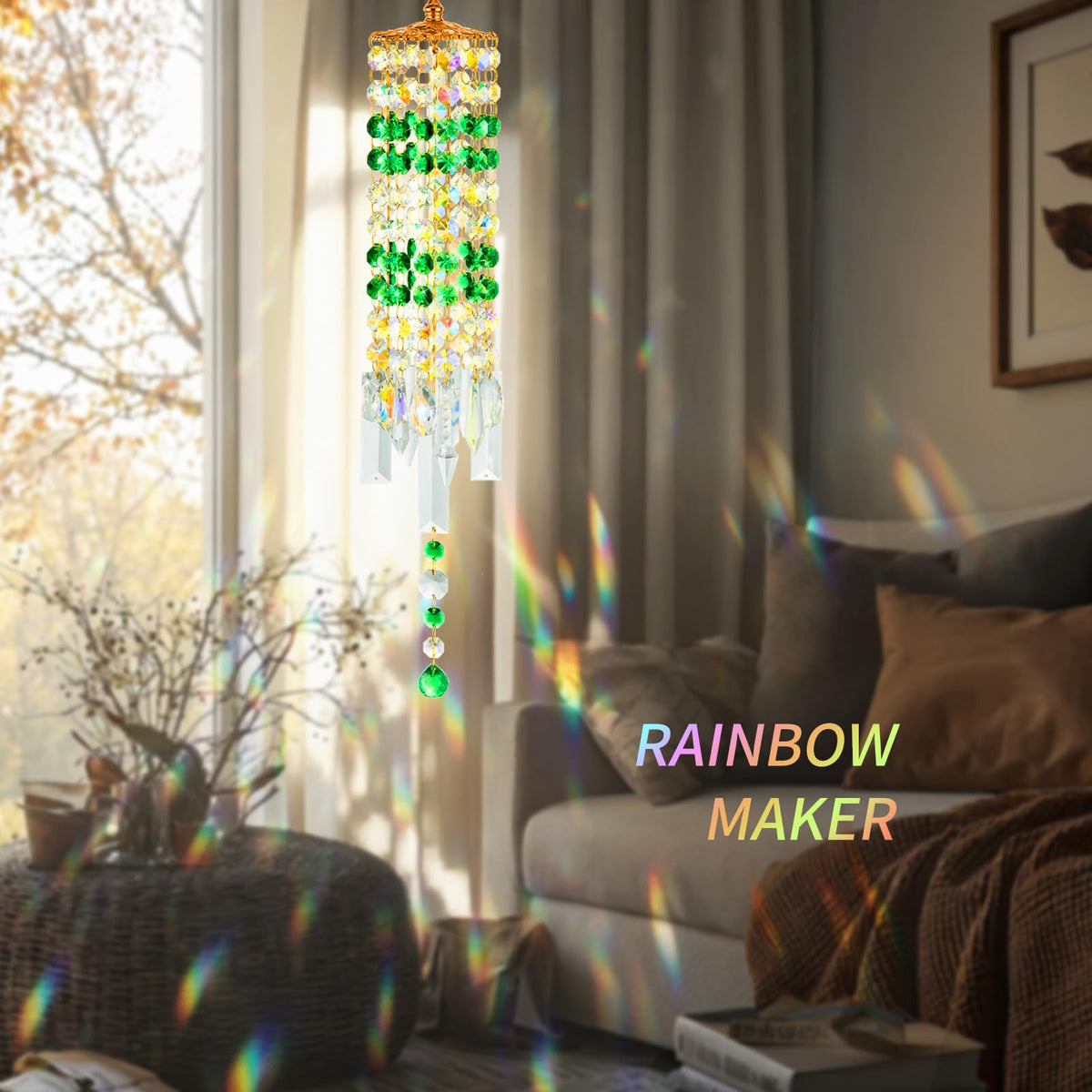 Crystal Wind Chimes Rainbow Suncatcher for Window (Green)