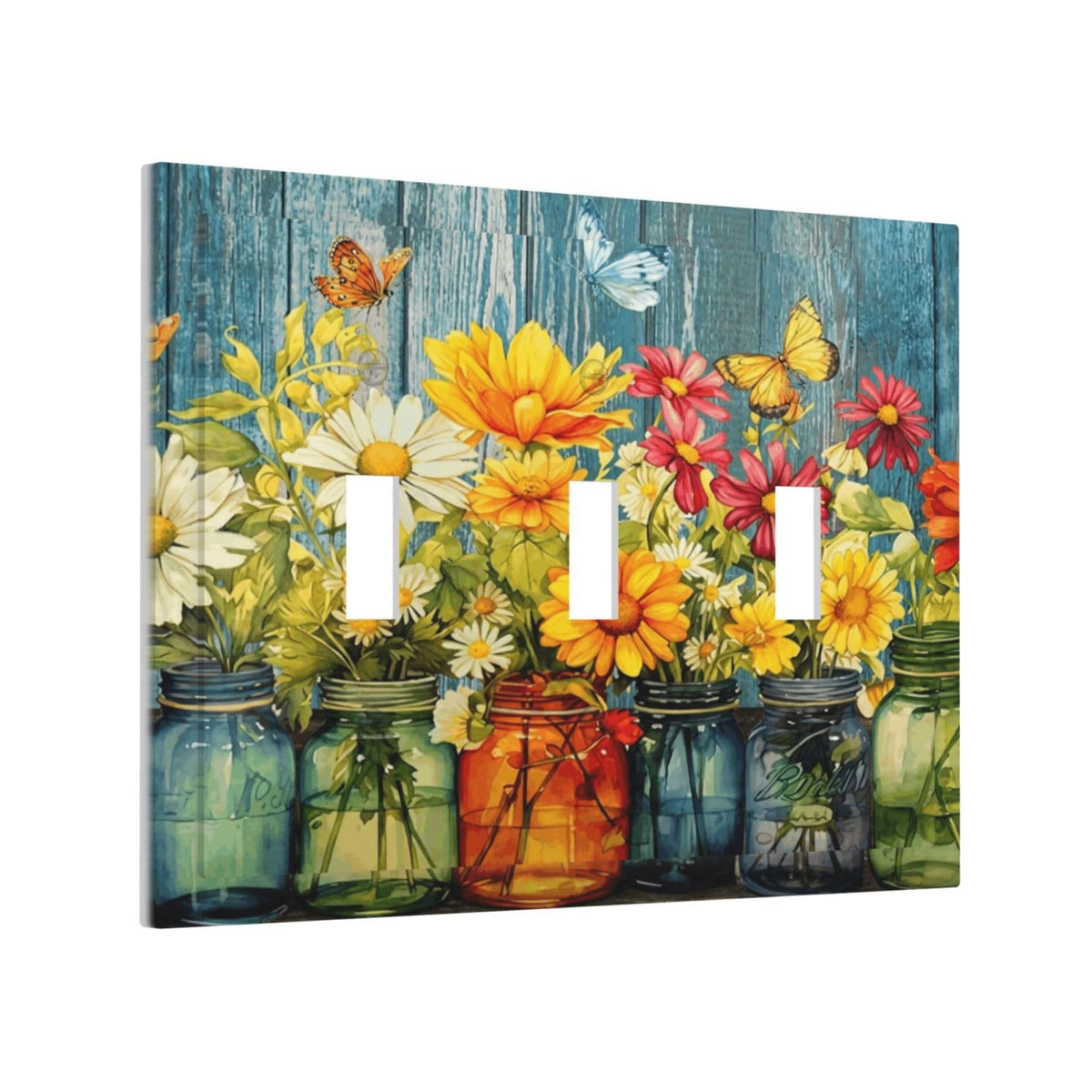 Country Rustic Daisy Flowers Butterfly 3 Gang Electrical Outlet Light Switch Cover Decorative Farmhouse Home Vintage Family Colorful Floral Triple Toggle Switch Face Wall Plate Covers (Country Rustic Daisy Flower Butterfly / 3 Gang Toggle Mid)