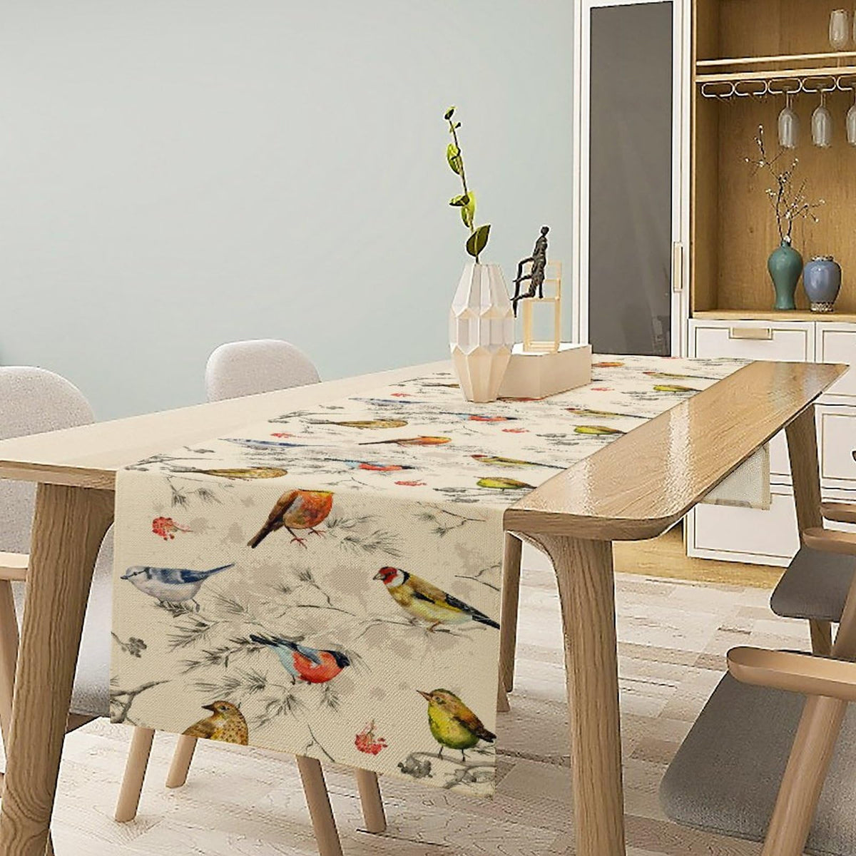 Flower Birds Table Runner Nature Themed Winter Birds on Branches (13x90inch / Birds 1)