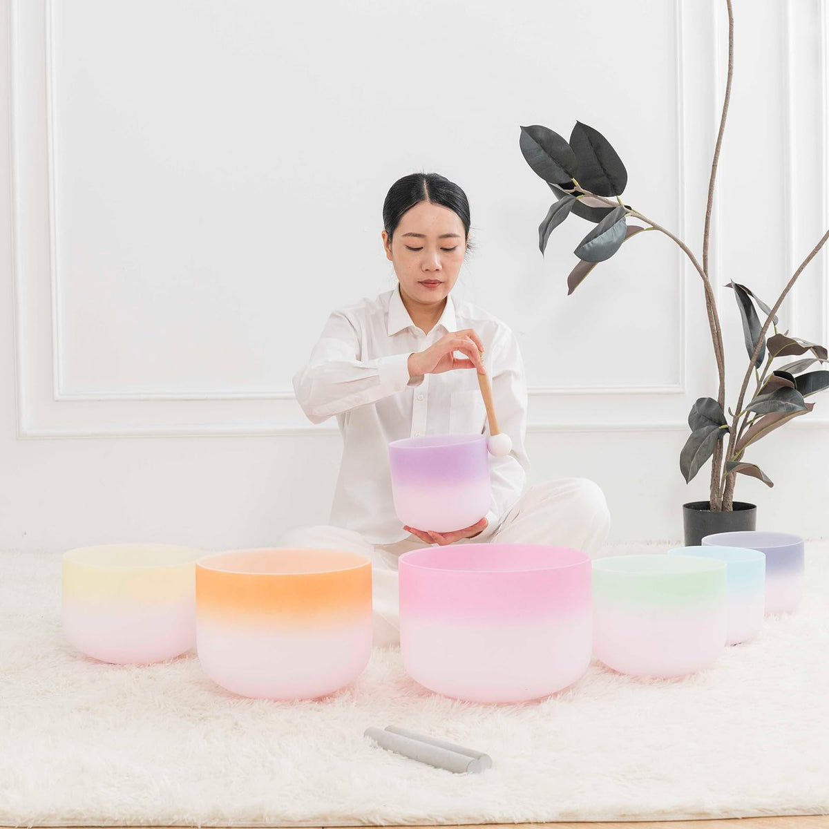 432hz Crystal Singing Bowl Set of 7PCS Rainbow Gradient Sound Bowls (7-12inch 432hz Double Color 7pcs)