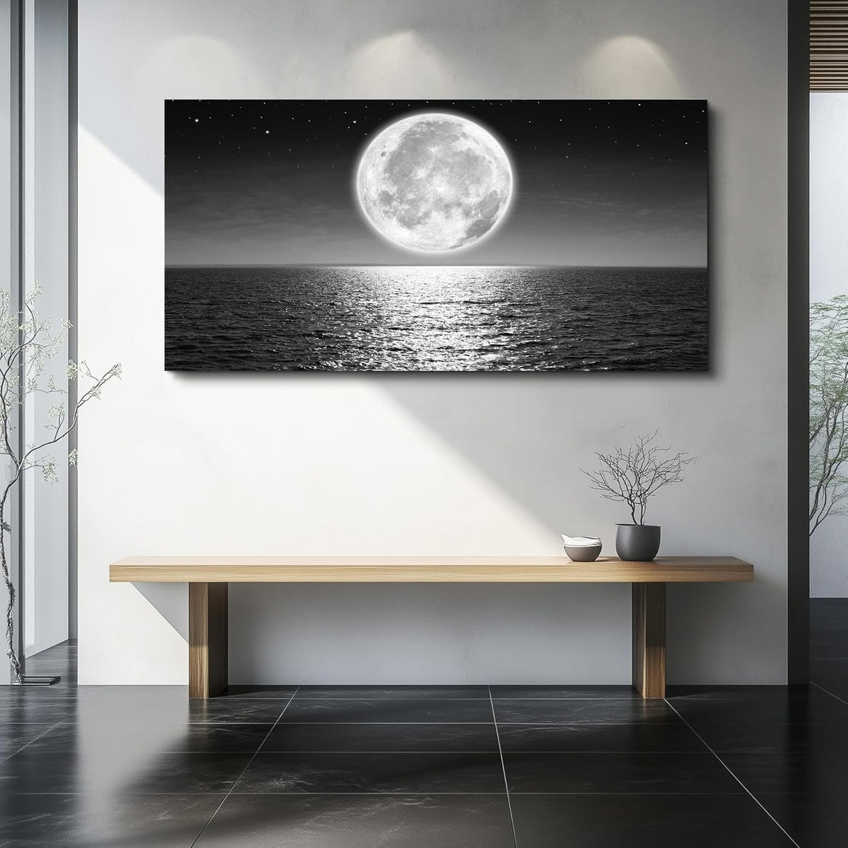 Black and White Wall Art Full Moon Sea Coastal Canvas Wall Art Beach Paintings Ocean Posters Landscape Picture Print Modern Office Artwork for Living Room Decor Bedroom Home Décor Framed (2SeaMo05 / 40"L x 20"W)