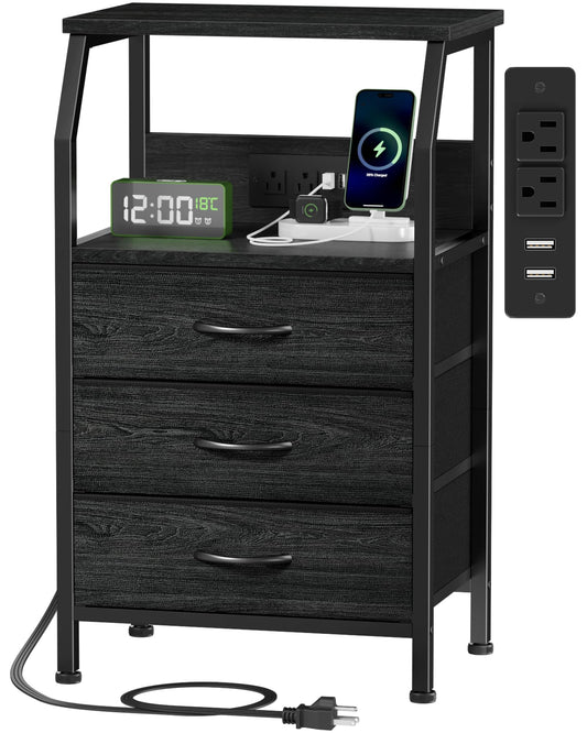 Night Stand with Charging Station (3 Drawer / Black Oak)