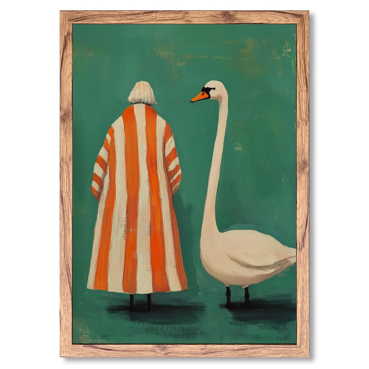 Wood Frame Whimsical Swan Wall Art Surreal Woman Bird Canvas Print Artwork Vintage Green Orange Painting Quirky Animal Decor Poster Eclectic Wall Decor Pictures for Living Room Bedroom 12x16inch (12"L x 16"W / style-4 Wood Framed)