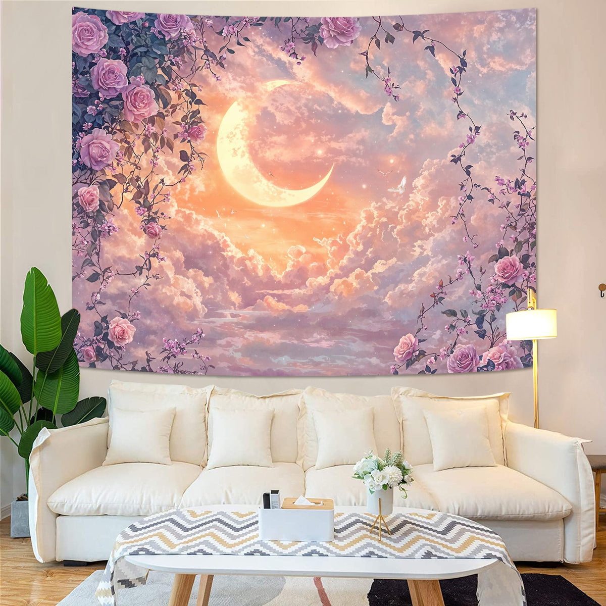 Pastel Rose and Moon Tapestry (90"L x 70"W / Purple Yellow)