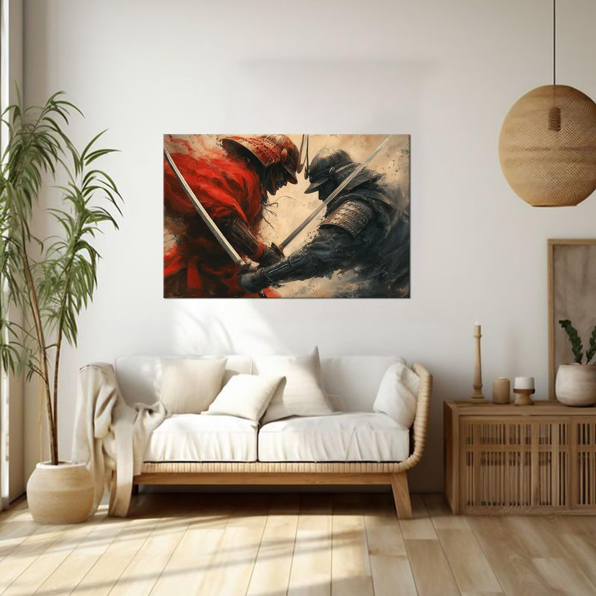 Dueling Samurai Oil Paint Canvas Framed Wall Art (24"L x 36"W / Samurai26)