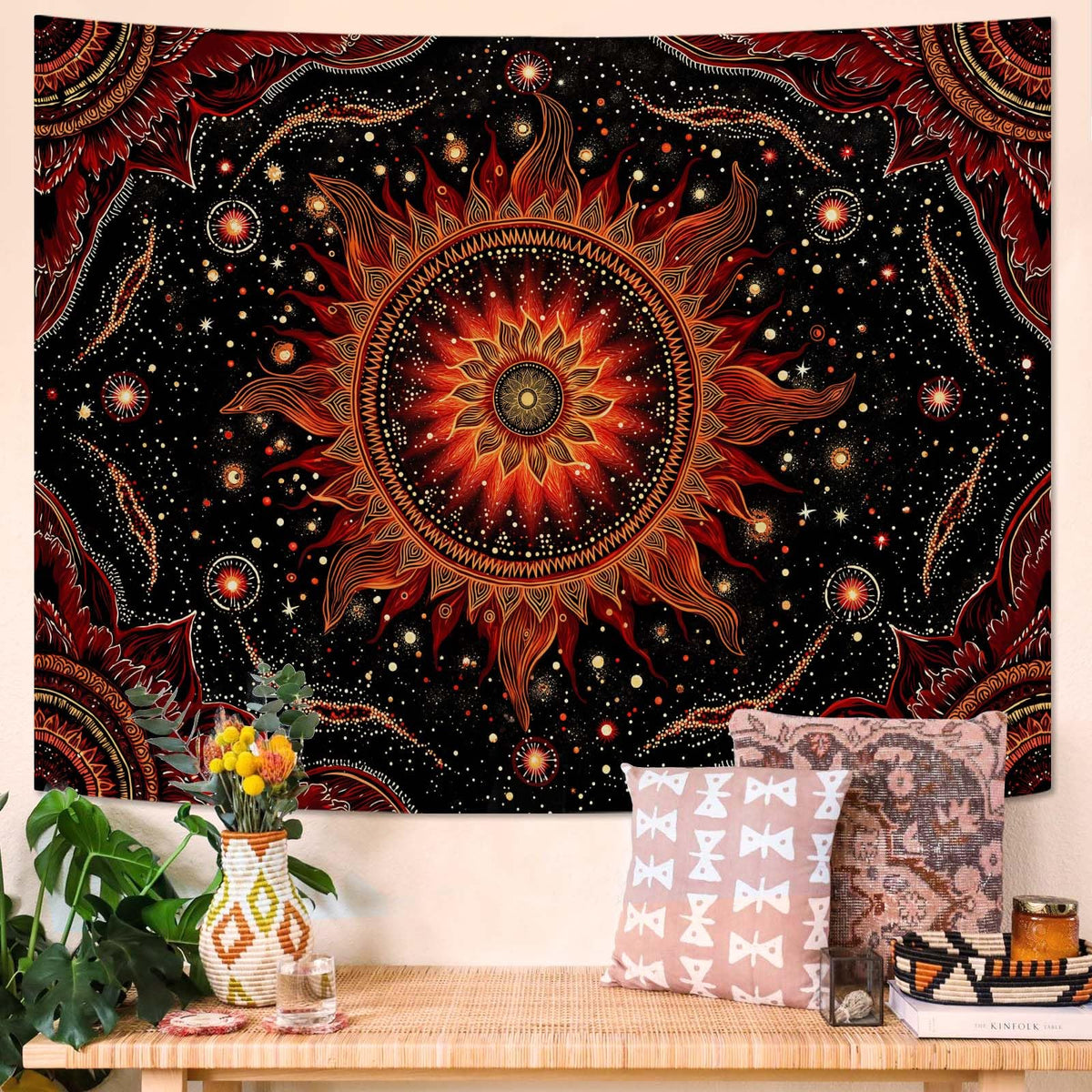 Tapestry Fiery Celestial Sun Mandala Wall Hanging Mystical Red Gold Starry Sky Decor Bohemian Yoga Meditation Backdrop 60"x44" (60"L x 44"W / Dark Red)