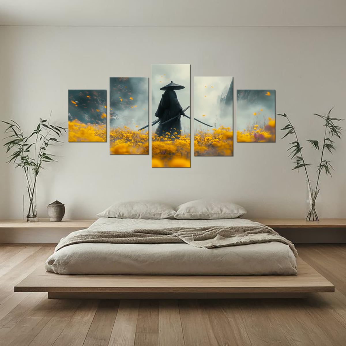 Samurai Wall Art Japanese Warrior Pictures Wall Decor Abstract Canvas Painting Print Artworks for Living Room Bedroom Office Bathroom Master Yellow Framed 5 Piece (60"Wx32"H / Samurai 5P-8)