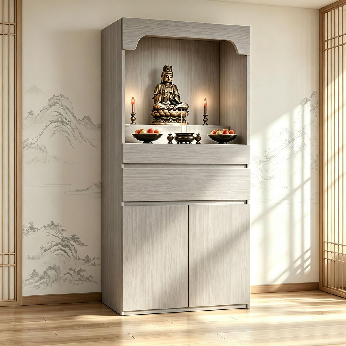 Altar Table Pooja Cabinet with Drawers and Storage Cabinets (31.5×15.7×65.4in / Light Gray Natural Wood)
