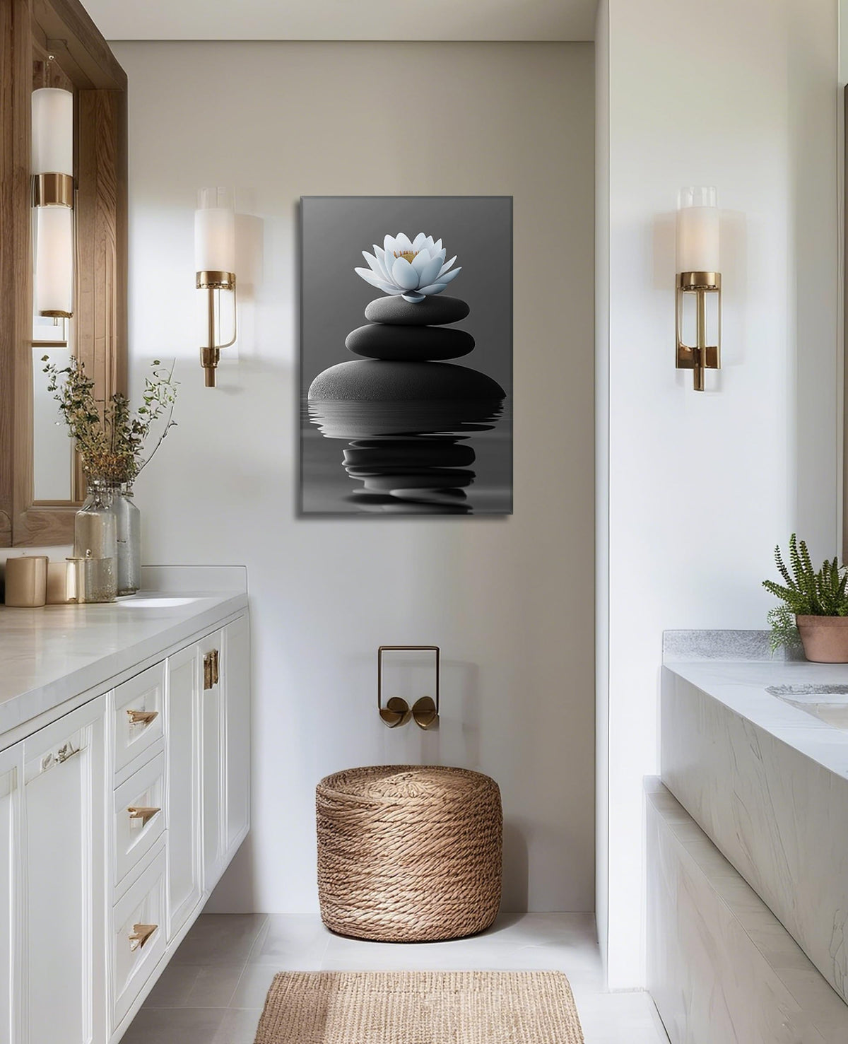 Zen Wall Art Bathroom Decor White Lotus Picture Black Spa Stones on Water Canvas Prints Relax Artwork for Yoga Meditation Room Home Decor Framed (Zen-1 / 18"L x 12"W)