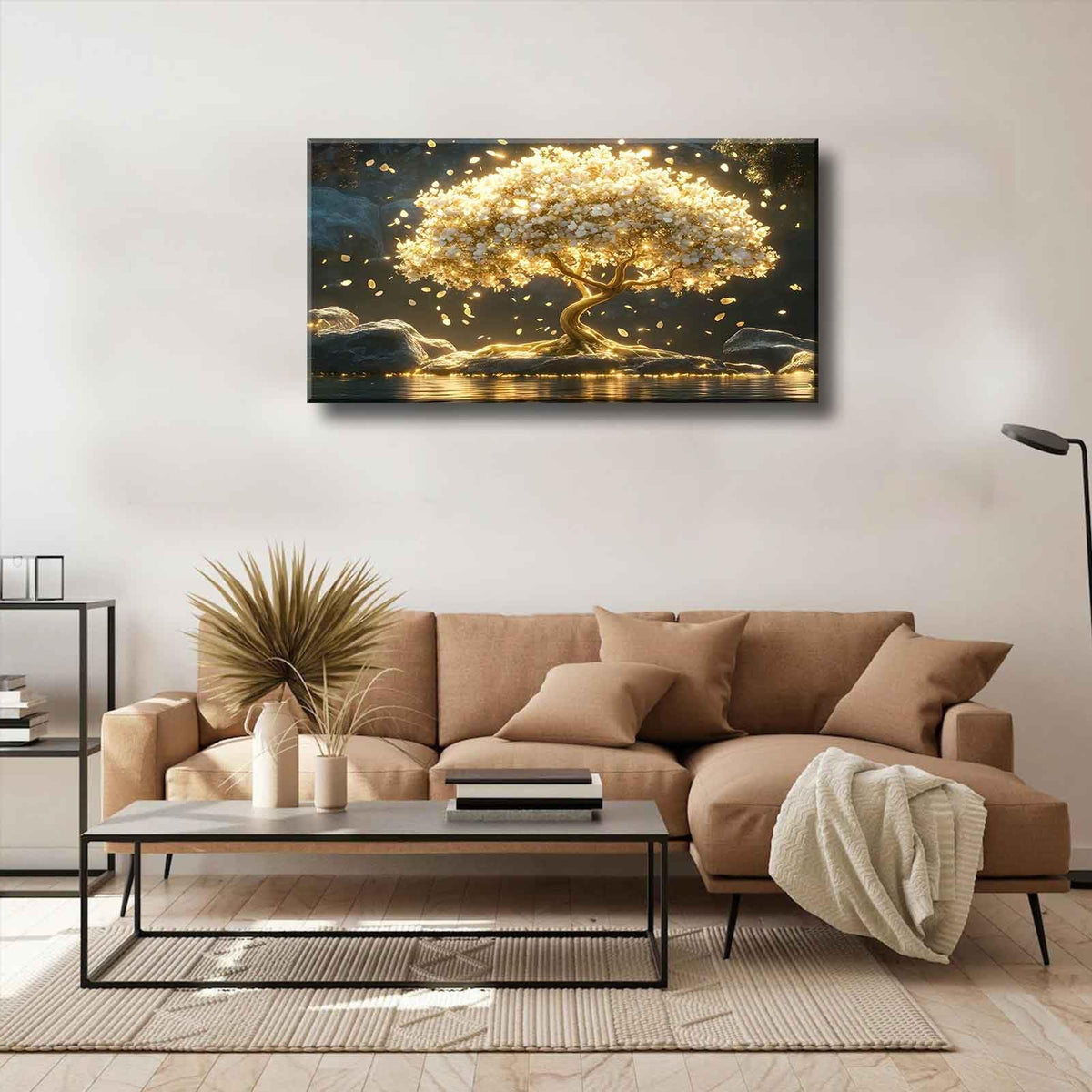 Large Tree of Life Canvas Wall Art Abstract Gold Tree Mountain Lake Decor painting Pictures Nordic Golden White Flowers Posters Prints for living room Bathroom Bedroom Office Hallway Home Decoration (Tree / 48"L x 24"W)