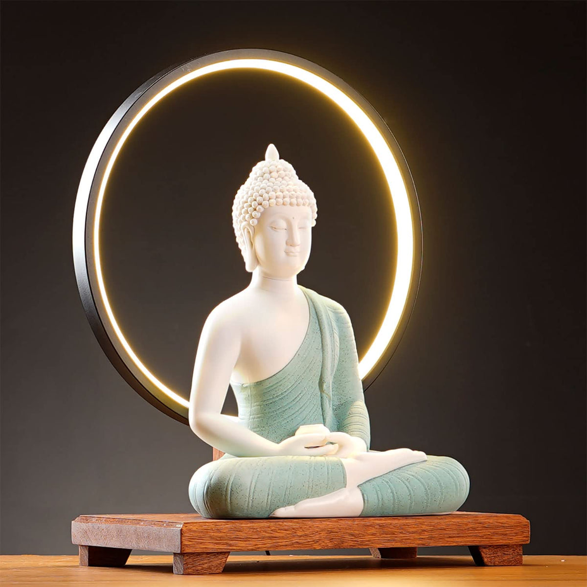 12 in Green Buddha Statue and 15.74 in LED Circle Table Lamp (Green)