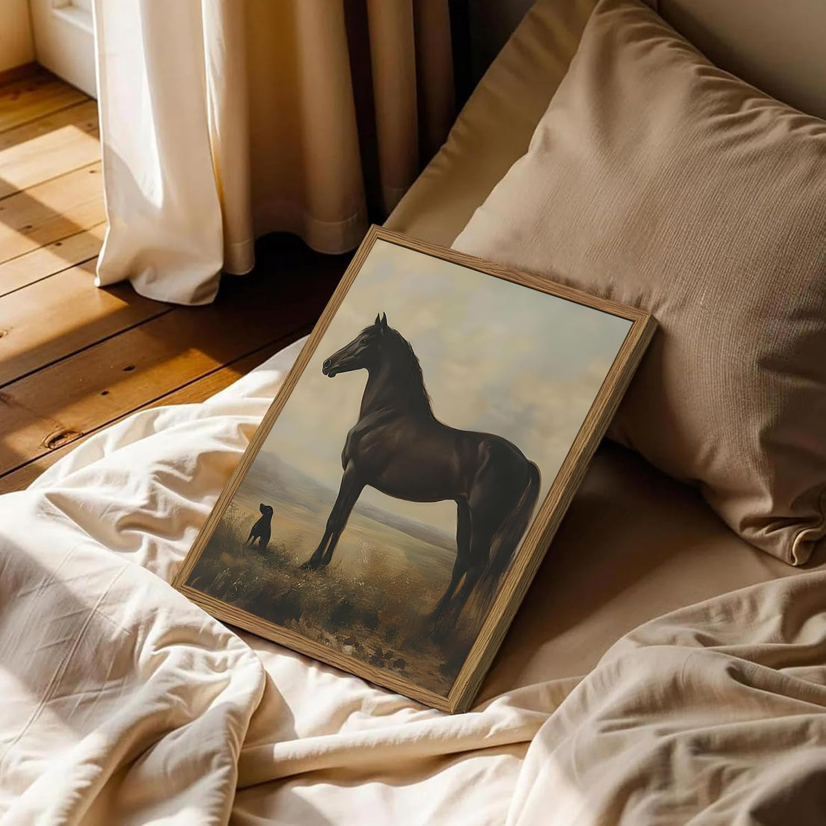 Vintage Black Horse Wall Art Cottagecore Horse and Dog Wall Decor Painting (Animal-F / 16"L x 12"W)