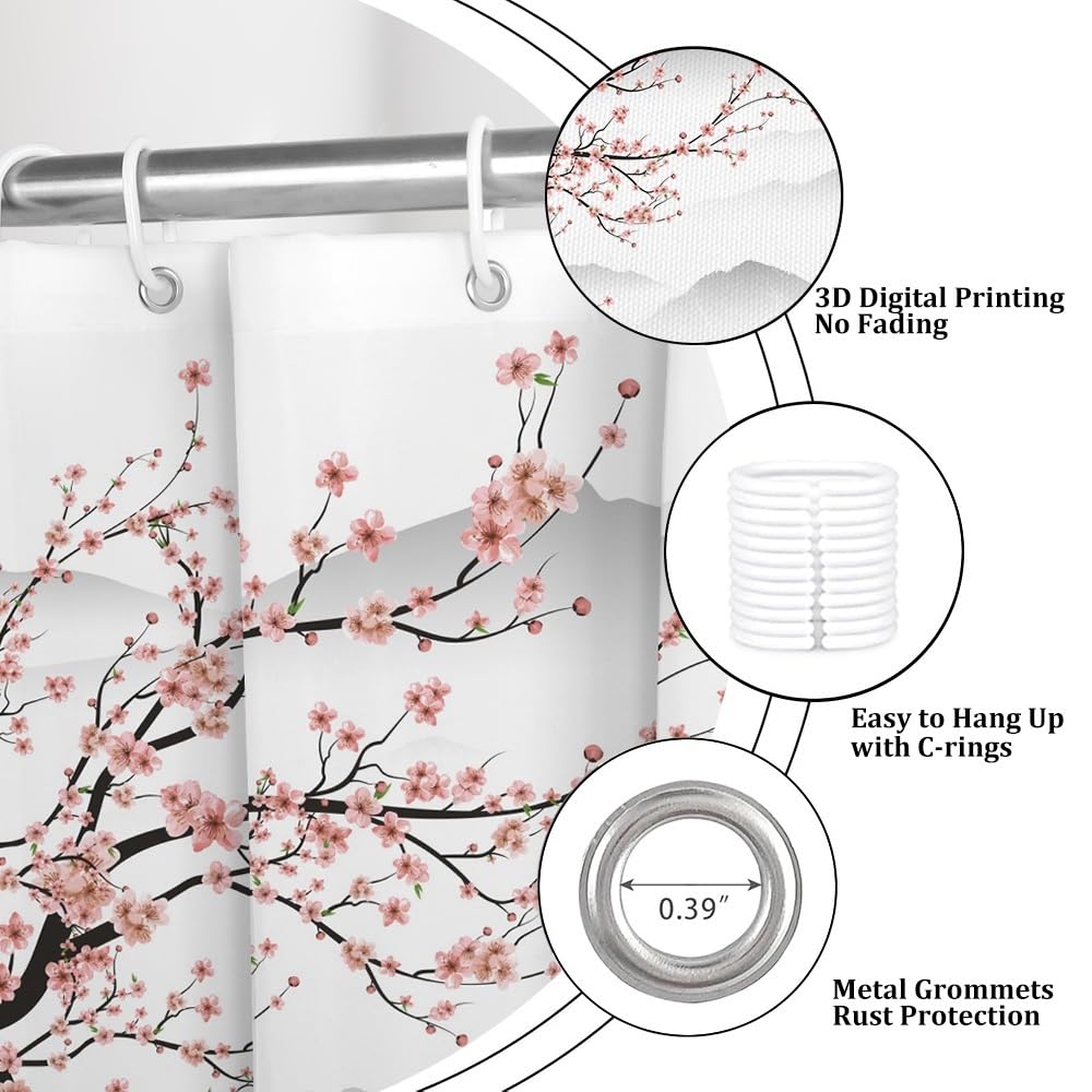 Pink Cherry Blossom Shower Curtain Japanese Flowers Mountain Sun Waterproof Bathroom Curtain Rustic Asian Art Waterproof Fabric Machine Washable for Bathroom Decor Bathtub with Hooks 69x75 Inch (69"W x 75"L (Pack of 1) / Pink-27)