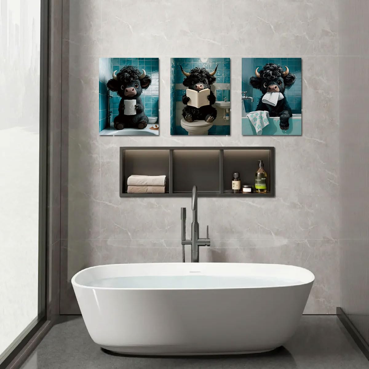 Funny Highland Cow Blue Bathroom Wall Decor Cute Animals Wall Art Set of 3 (12x16 Framed Funny Bathroom Wall Decor)