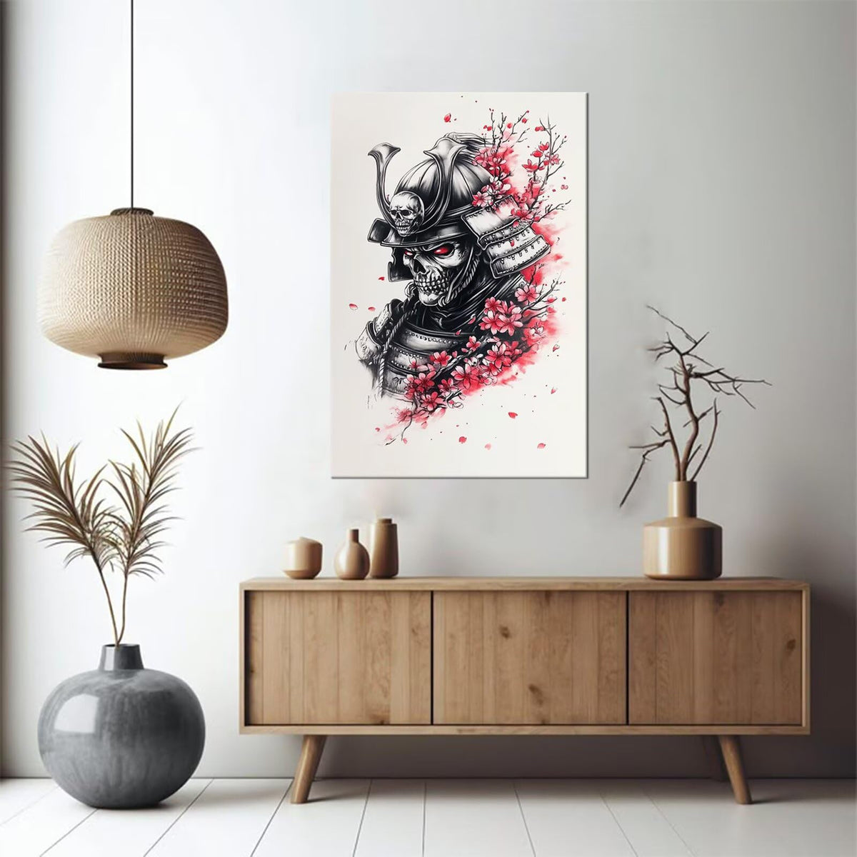Skull Red Eye Samurai Sakura Canvas Framed Wall Art (24"L x 36"W / Samurai25)