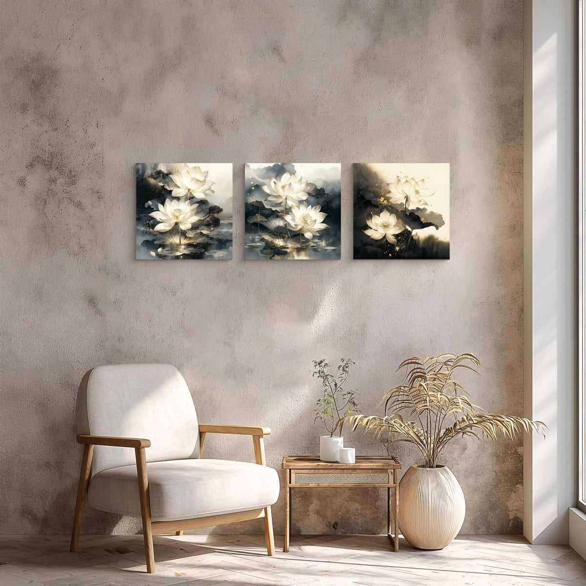 3Pcs White Lotus Flowers Ink Wash Canvas Wall Art Print Blooming Golden AccentsLotus Leaves Water ReflectionsZen Botanical Painting for Bedroom Bathroom Living Room Decor Ready to Hang (White Lotus with Golden Accents / 20x20inchx3)