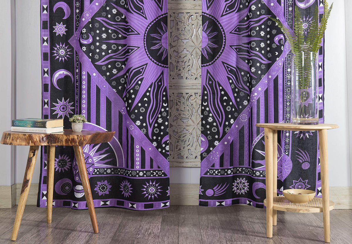 Indian Burning Sun Hippie Mandala Window Curtains (38"W x 83"L (Pack of 2) / Purple)