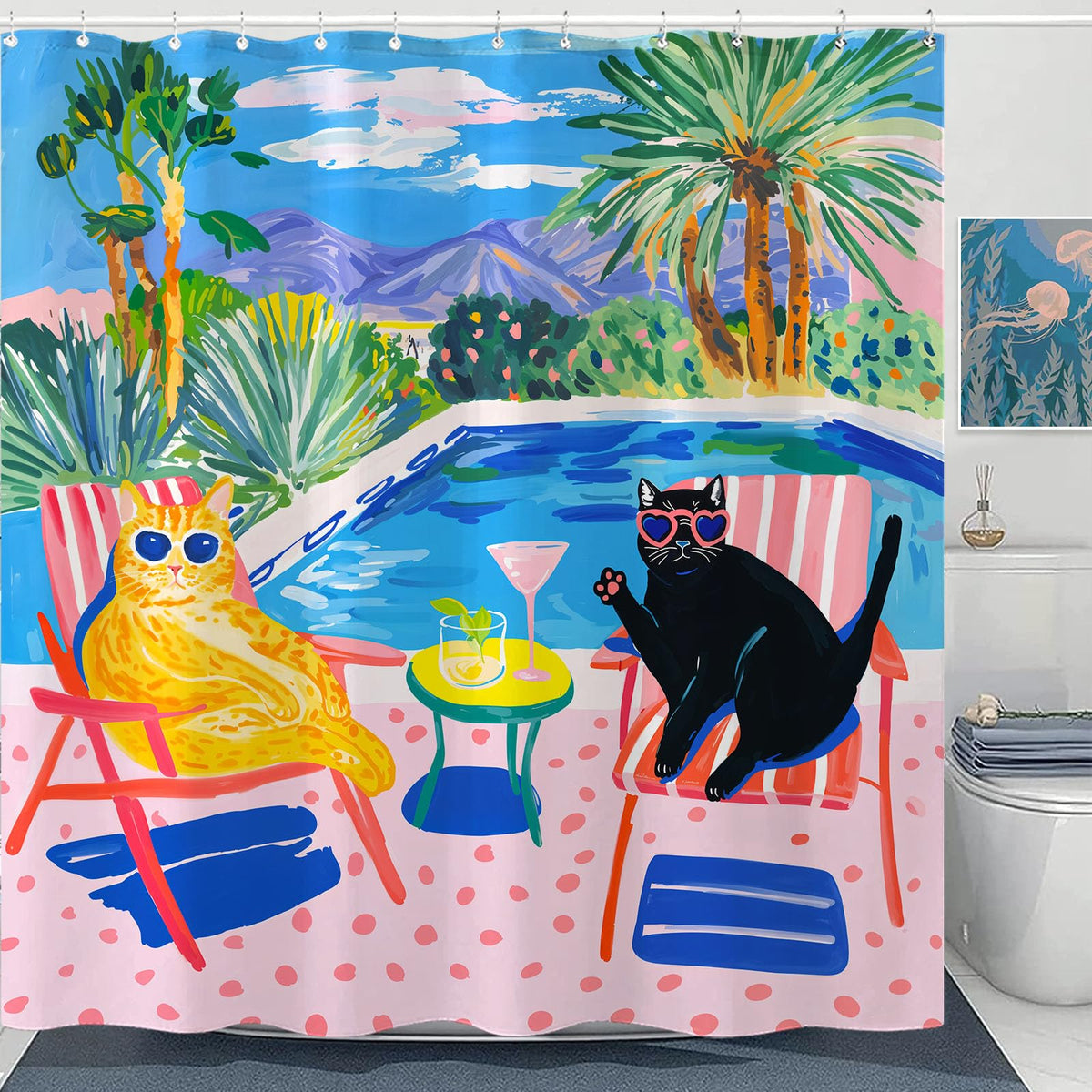 Poolside Cats Shower Curtain Set Relaxing Evening Scene Waterproof Bathroom Shower Curtain Tropical Drink Print Leisure Home Decor 72x72 Inch (72"W x 72"L (Pack of 1) / Porcelain White)