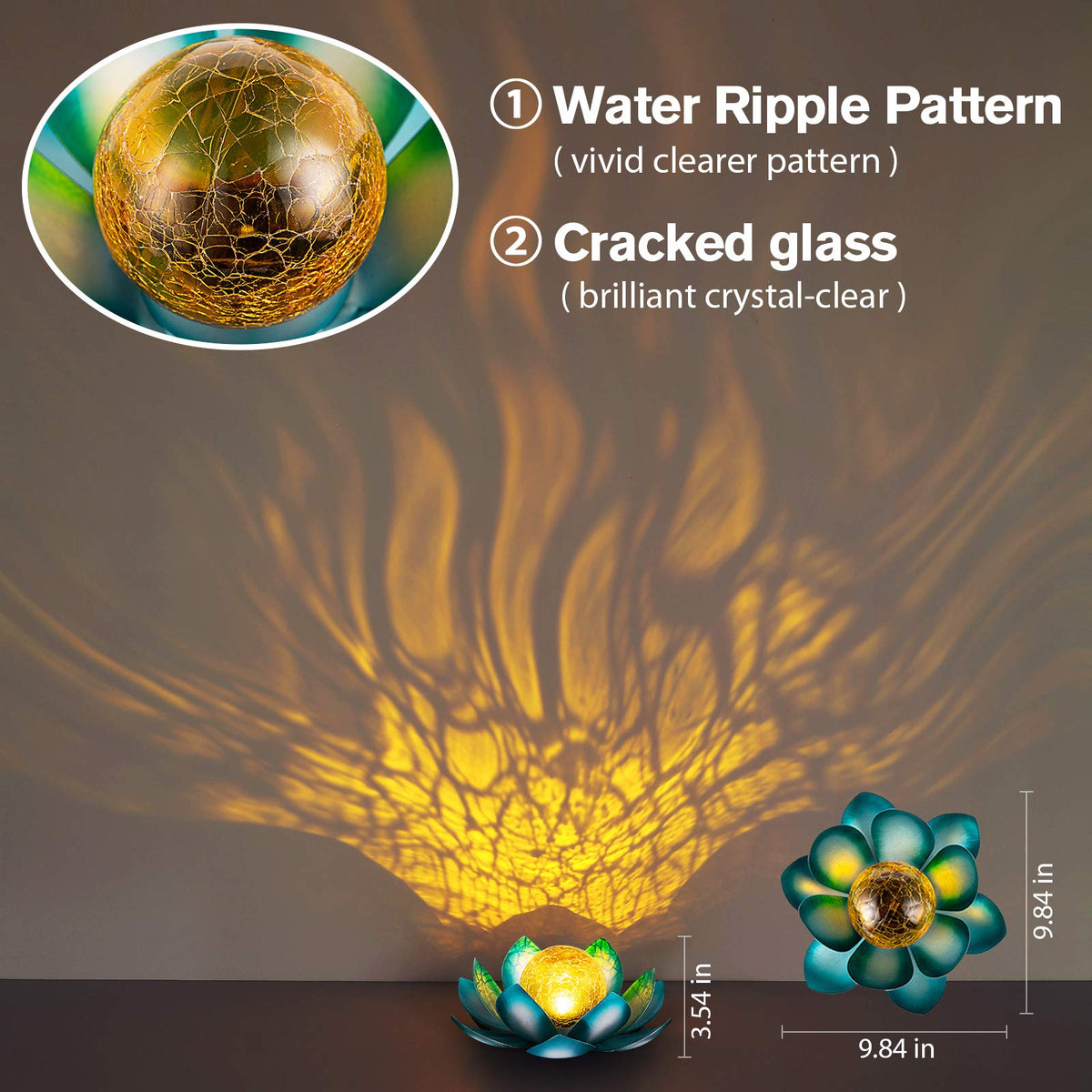 Solar Light Outdoor Garden Decor Blue Metal Crackle Globe Glass Waterproof LED Lotus Flower Table Lamp Decorations for Patio Yard Porch Pathway Ground (Blue)