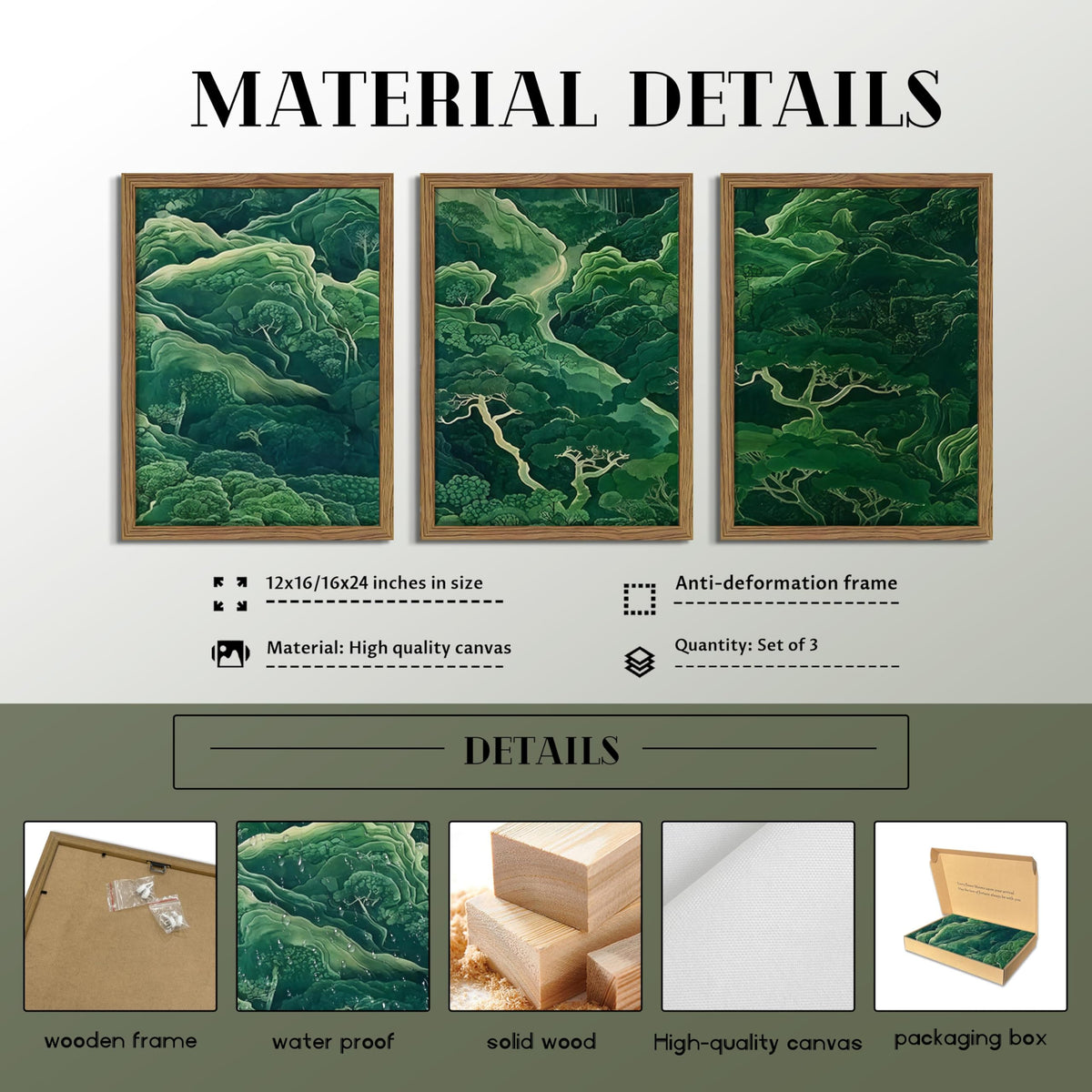 Japanese Nature Forest Wall Art Set of 3 (Green Book Mountain / 16"L x 12"W)