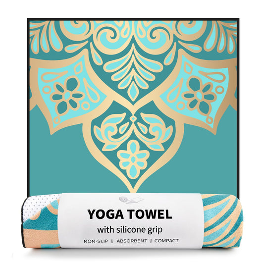 Hot Yoga Towel with Grip Dots (Turquoise Gold Mandala / 74" x 26")