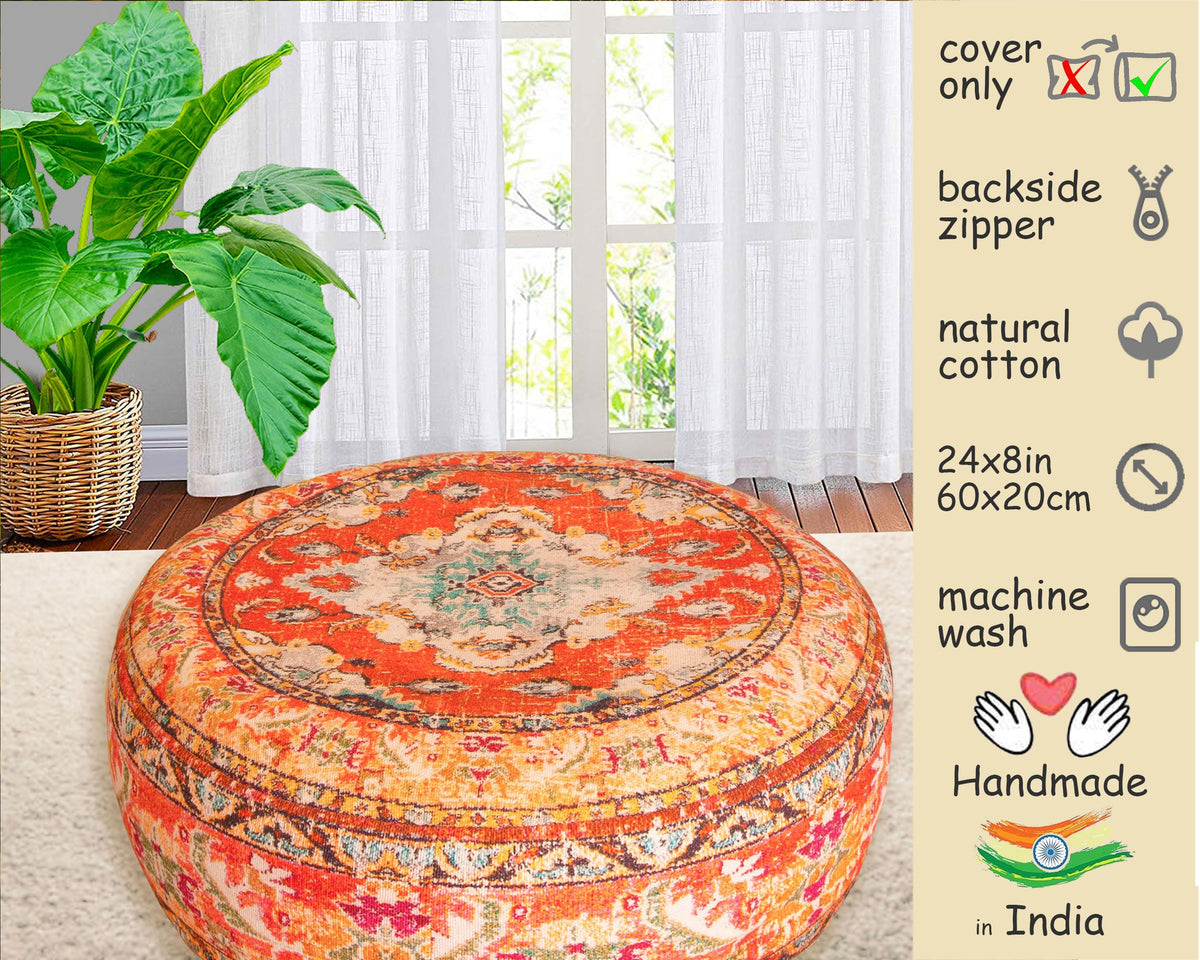 Colorful Pouf Cover Orange Round Orange Floor Pillow Seating Area Stool Boho Room Décor Accent Furniture Cotton 24x8 (24x8 Cover Only / Orange)