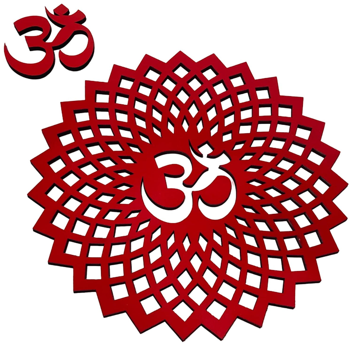 Red Om Round Decorative Wall Art Mdf Wooden Om Chakra For Temple (GEOMETRY OM-Red / 18"L x 18"W)